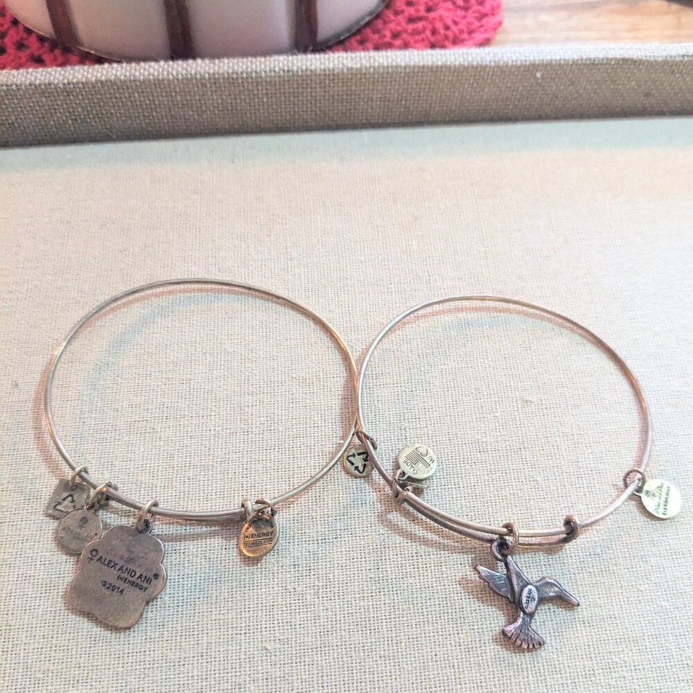 Pair of Alex & Ani Gold Tone Bracelets ~ Hummingbird and Paw Print